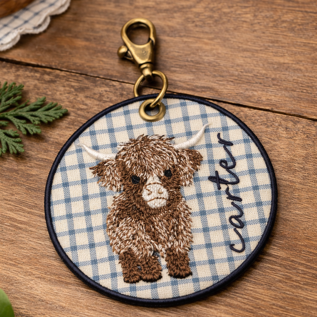 Custom Embroidered Highland Cow Bag Tag