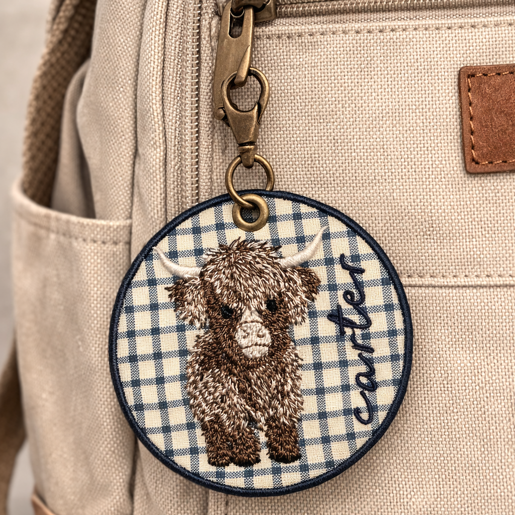 Keychain with a cow design on a beige backpack