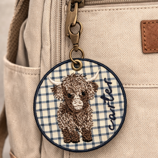 Keychain with a cow design on a beige backpack